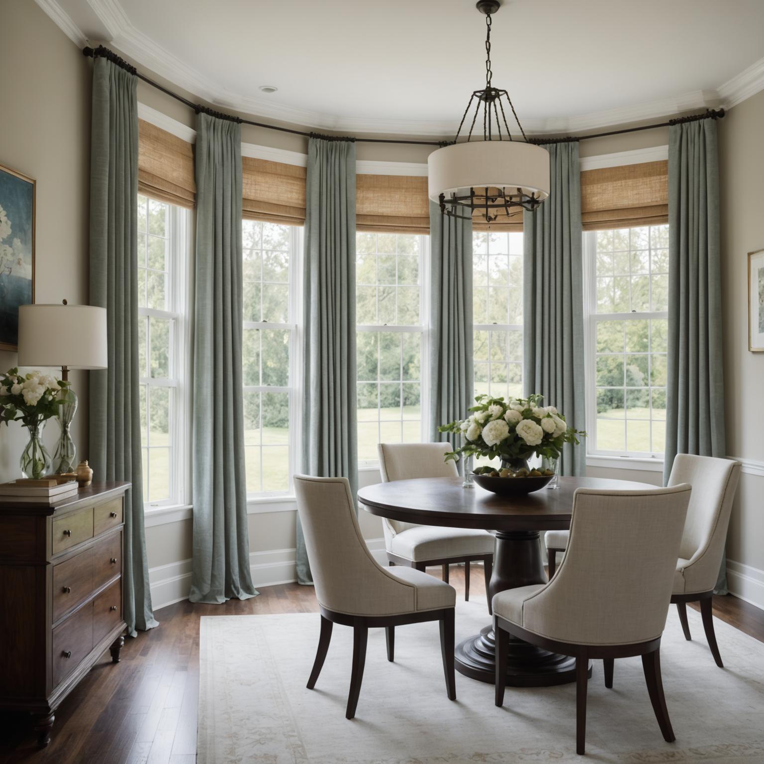 Custom window treatments in a modern dining room
